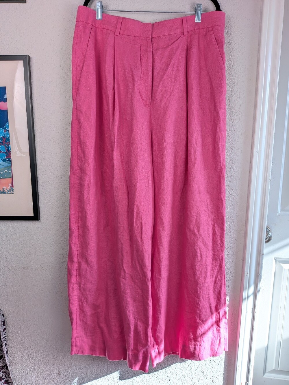 COS Wide-Leg Tailored Trousers Size 14 Fuchsia Pink 100% Linen Pleated Pockets